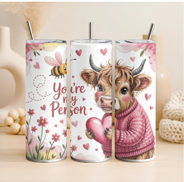 Valentines Day Highland Cow - 20oz Stainless Steel Tumbler