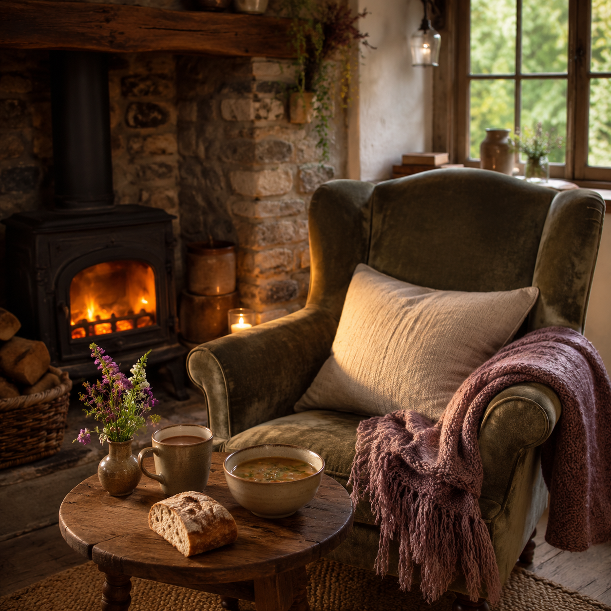 Cosy fireside armchair with blanket and cushion.