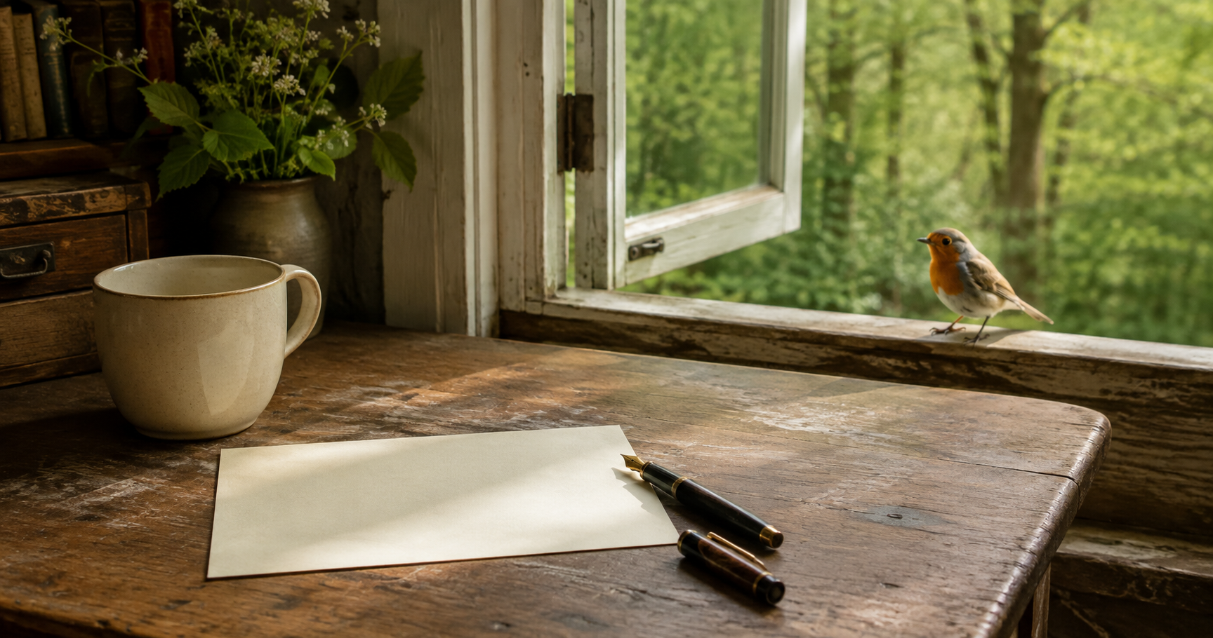 Blank notepaper and fountain pen beside a warm drink and open woodland window, with a robin perched nearby