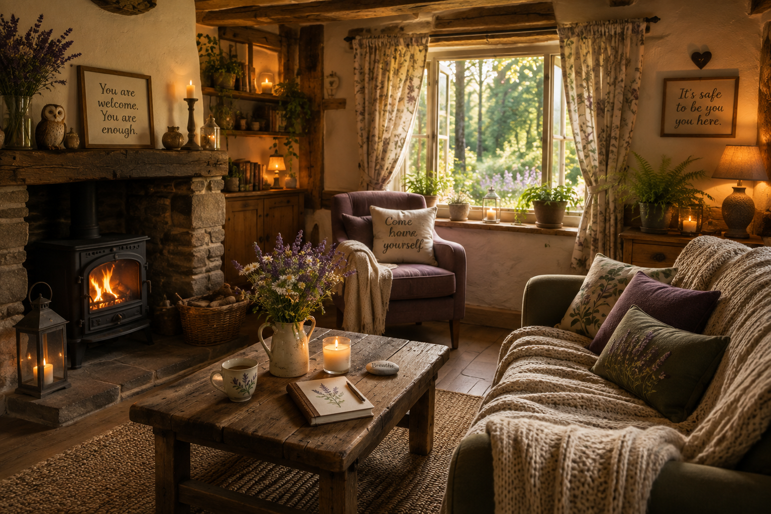 A warm cottage sitting room with soft chairs, flowers and candles, and a cushion reading “Come home to yourself.”