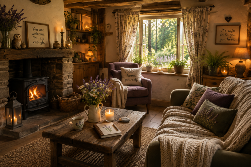 A warm, candlelit cottage room with a glowing fire, soft chairs and flowers, with messages reading “You are welcome. You are enough,” “Come home to yourself” and “It’s safe to be you here.”
