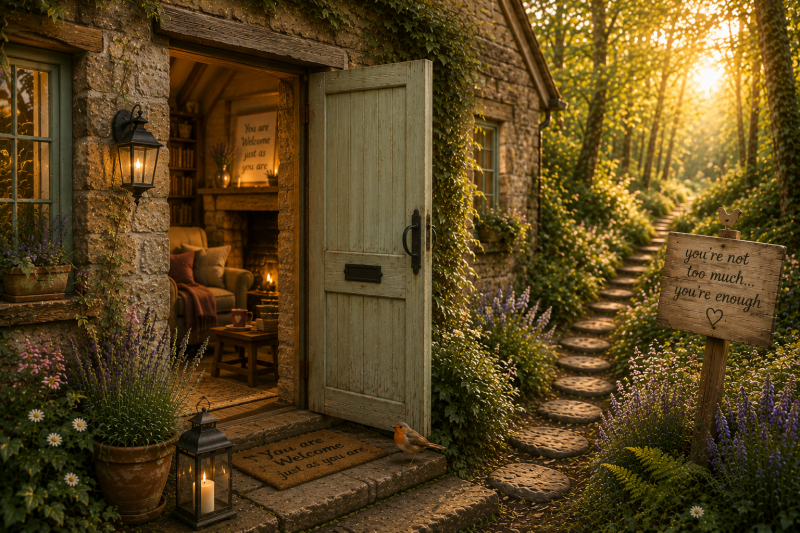 An open cottage door beside a sunlit woodland path, with welcoming signs reading “You’re not too much. You’re enough” and “You are welcome just as you are.”