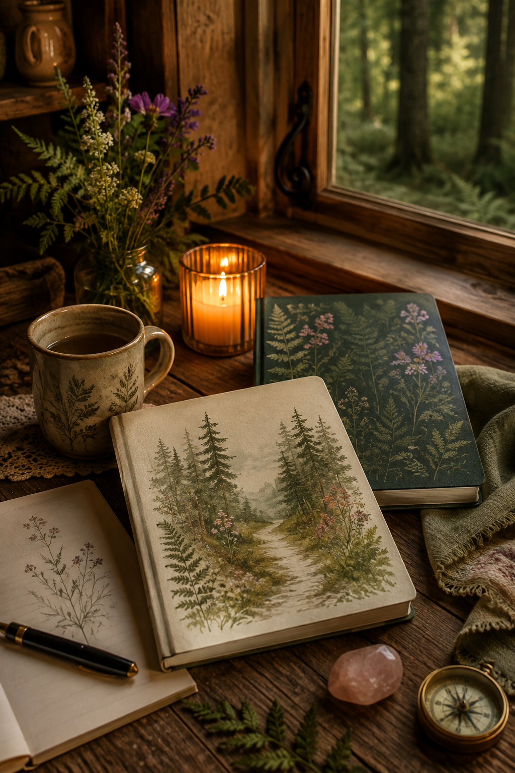 Two illustrated woodland workbooks on a wooden table beside a mug of tea, candle, wildflowers, rose quartz and a small compass.