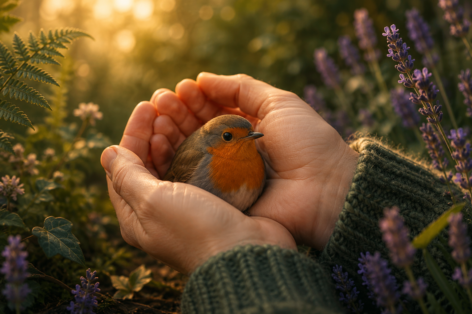 A robin held gently and safely in two cupped hands.