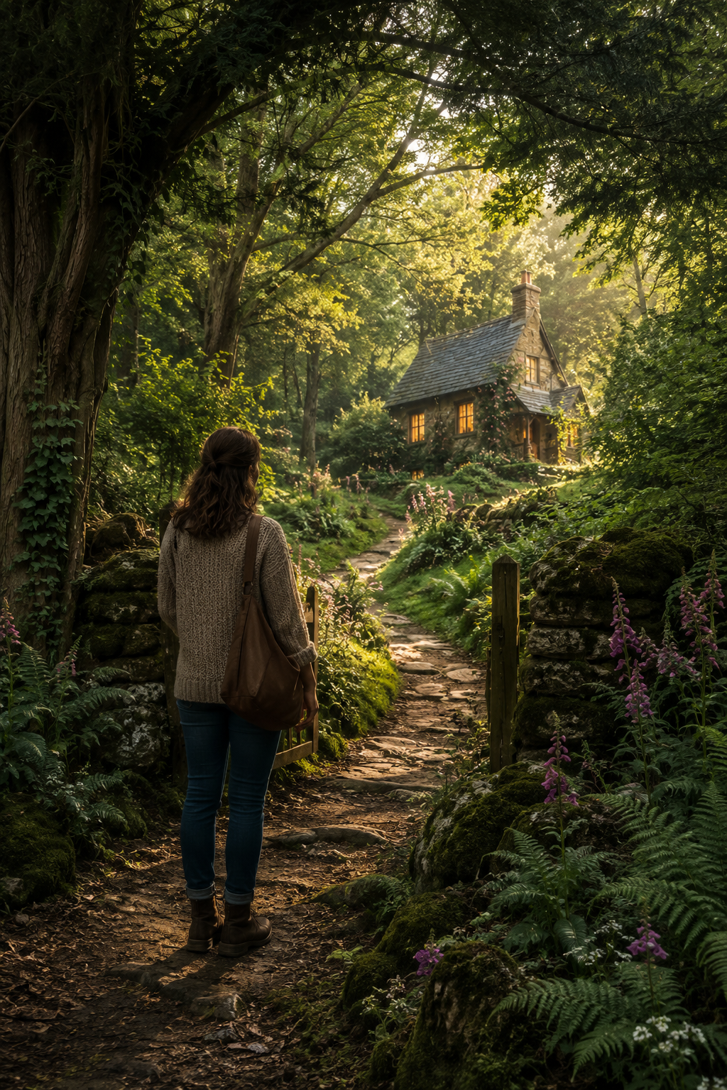 A woman standing at the entrance to a sunlit woodland path leading towards a welcoming cottage.