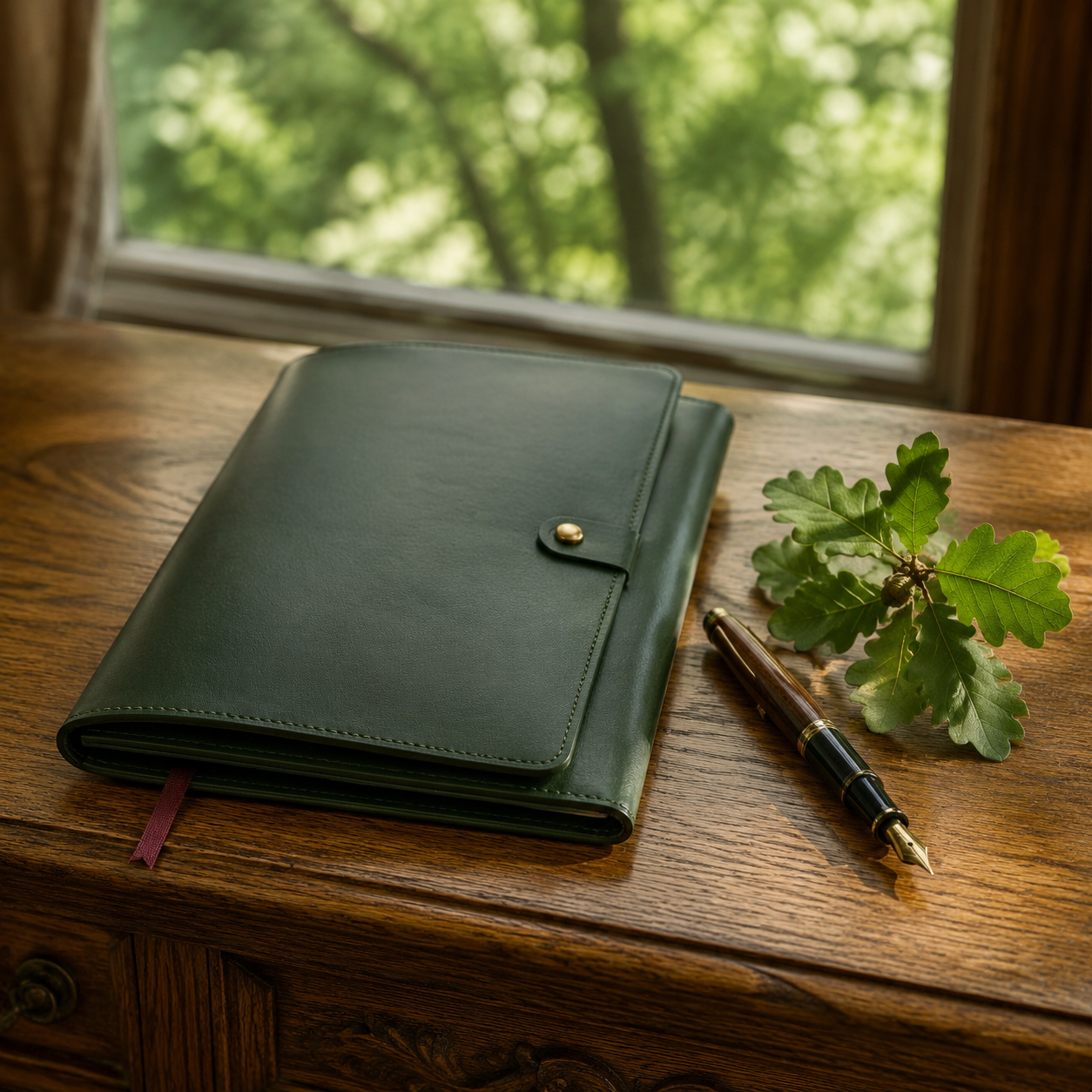Green notebook and pen on a wooden desk, representing professional psychotherapy practice and BACP registration