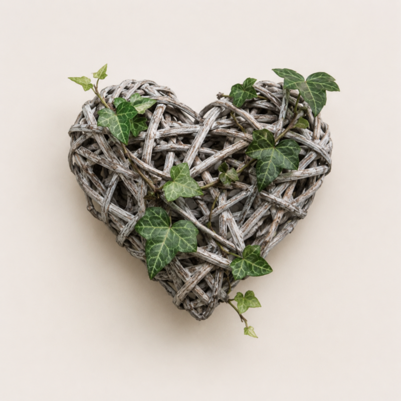A grey wicker heart interwoven with green ivy.