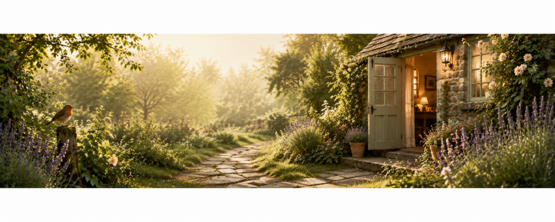 A robin beside a sunlit garden path leading to an open cottage door surrounded by lavender and flowers.