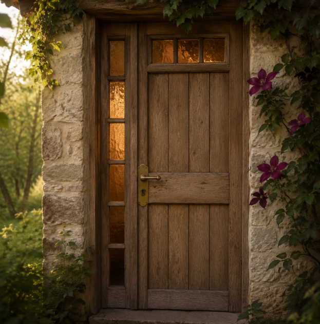 Closed wooden cottage door, representing privacy and confidentiality in psychotherapy