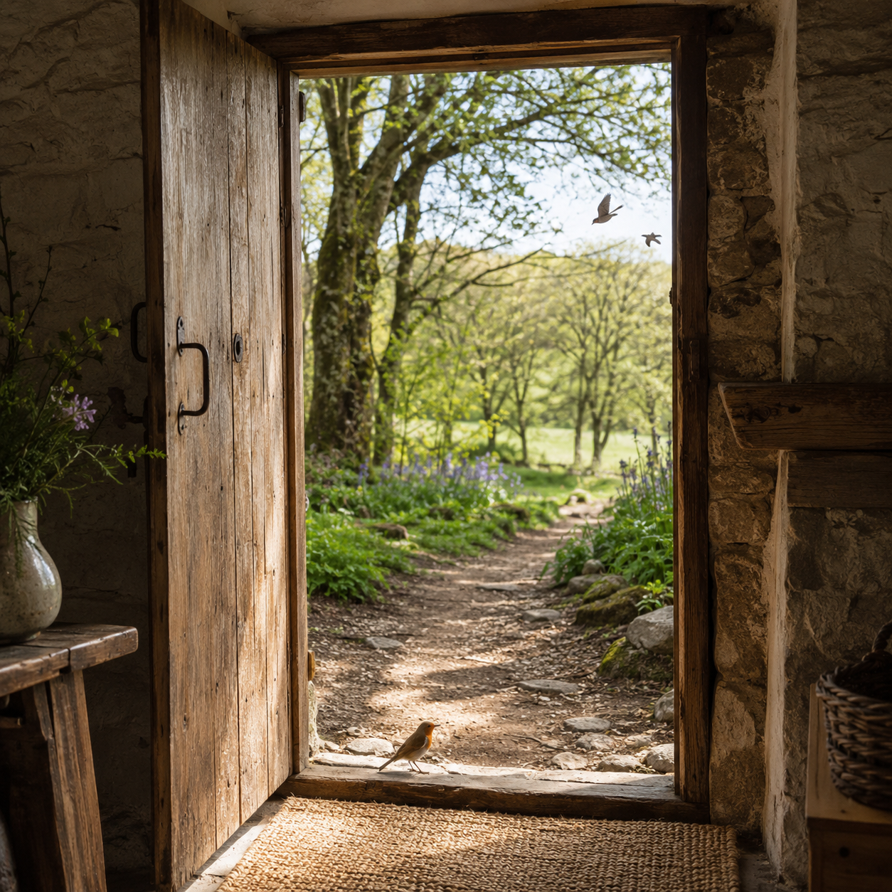 A view through an open cottage door onto a sunlit woodland path, with a robin nearby and birds flying beyond.