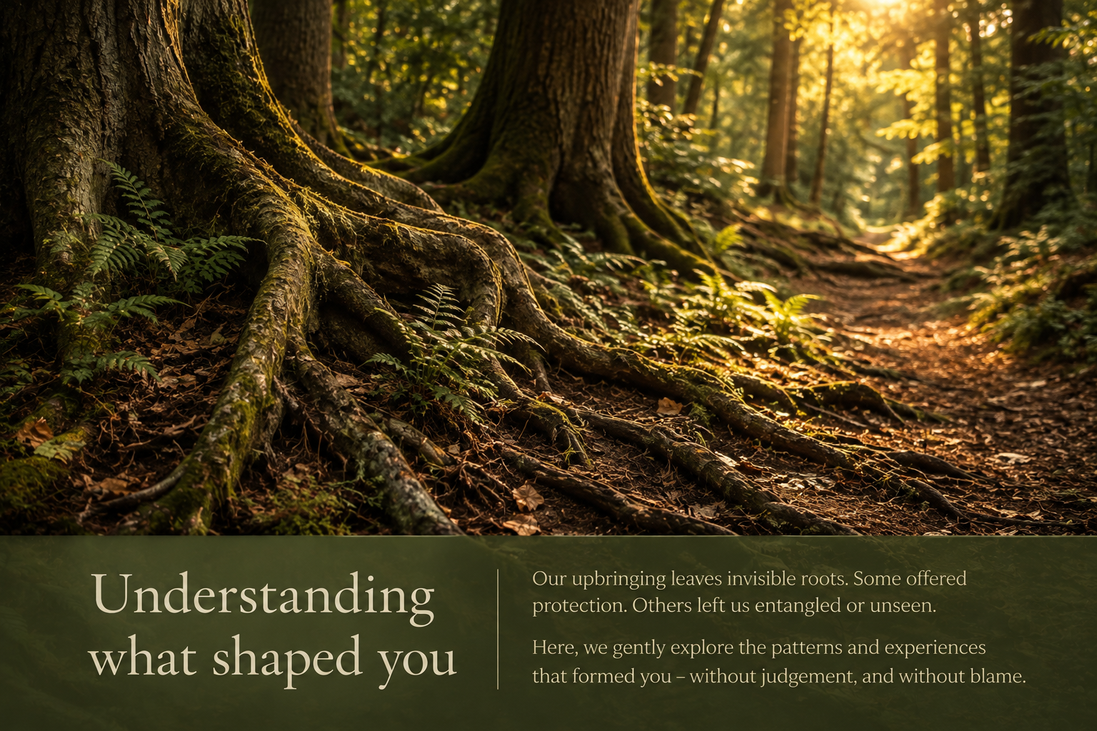 Ancient tree roots in a sunlit woodland, representing how our early experiences shape us.
