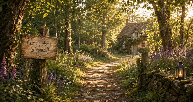 A sunlit woodland path leading to a welcoming cottage, with a wooden sign reading “Coming Home to Yourself” and a robin perched above.