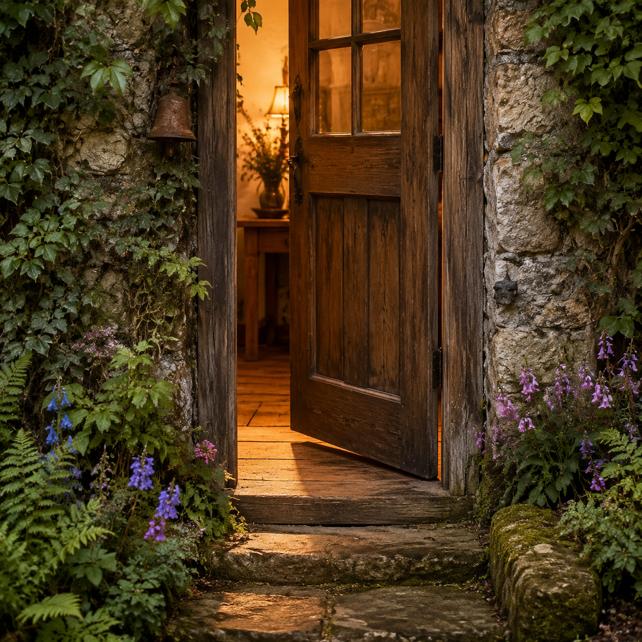 A partly open wooden cottage door surrounded by ivy and woodland flowers, with warm light glowing inside.