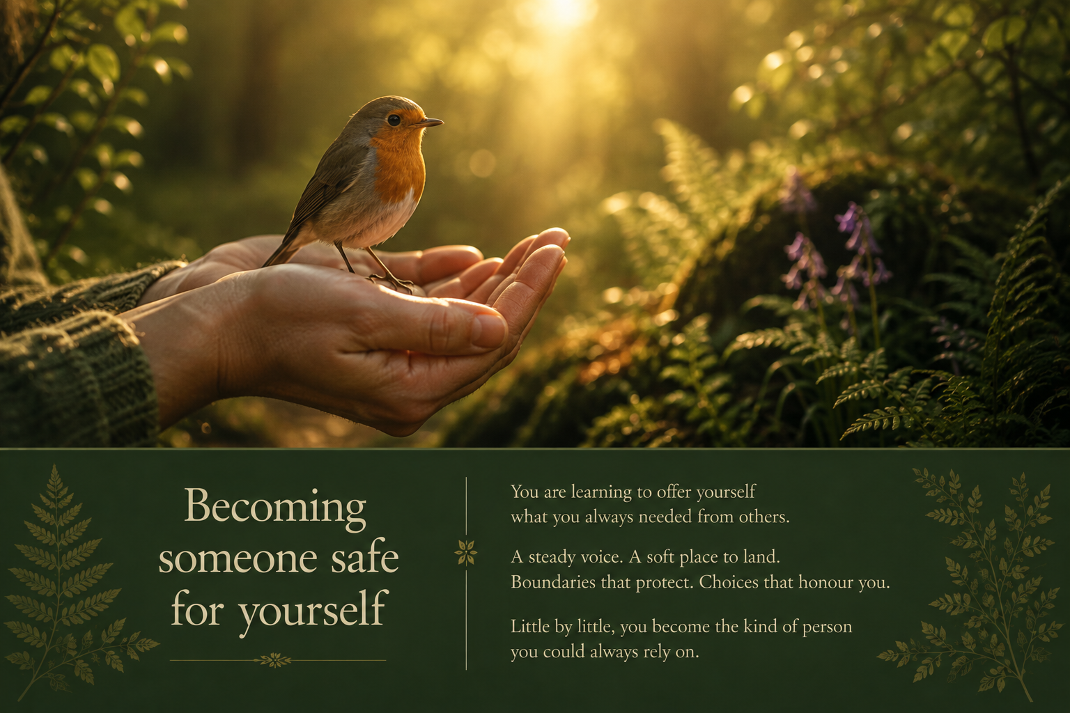 A robin resting safely in open hands in a sunlit woodland, representing becoming someone safe for yourself.