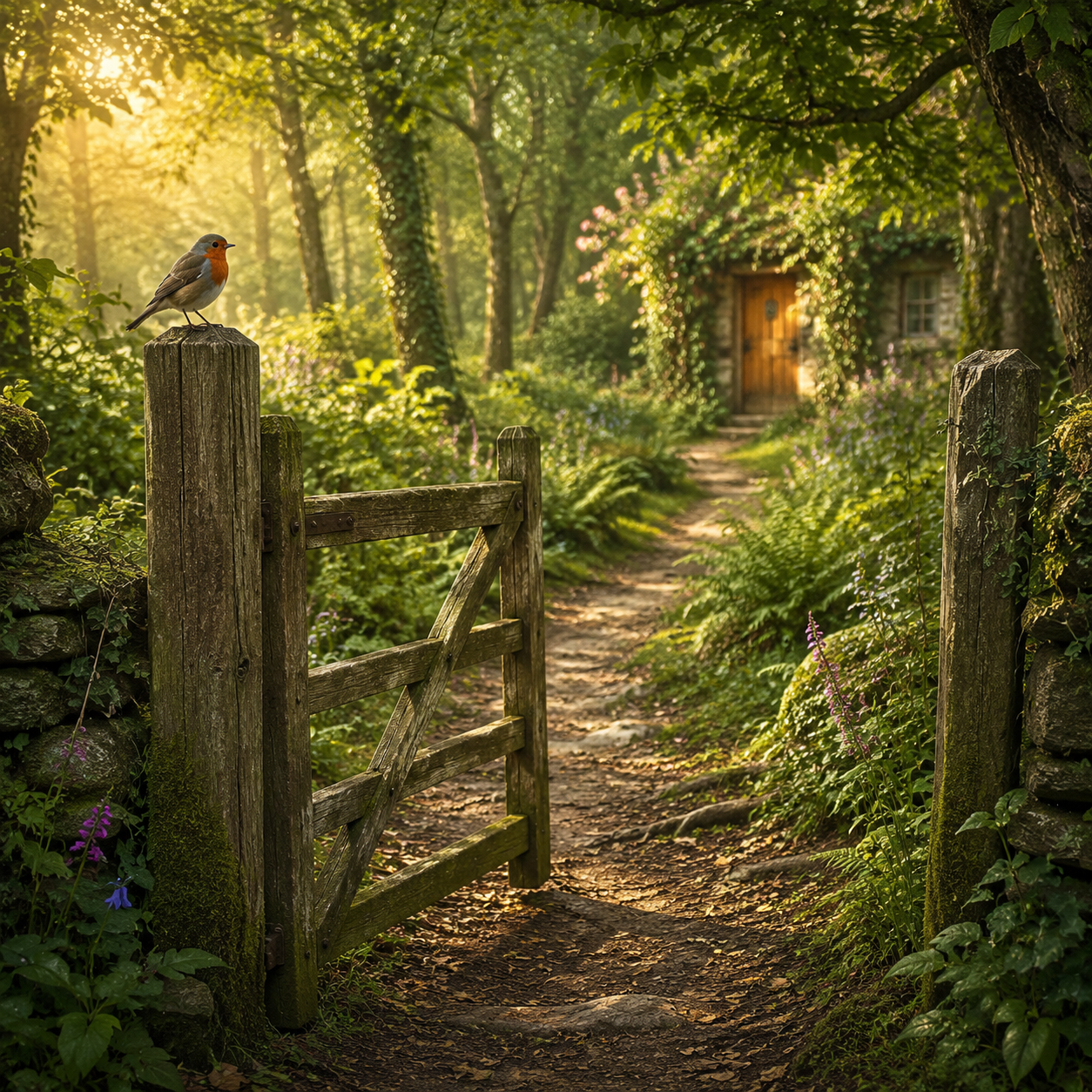 An open wooden gate with a robin perched above, leading along a sunlit woodland path towards a cottage.