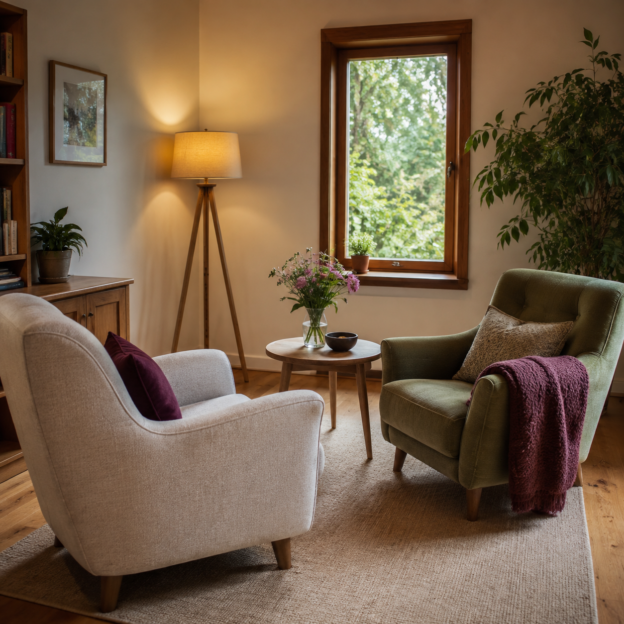 A calm therapy room with two comfortable chairs facing each other beside flowers, soft lighting and a window overlooking greenery.