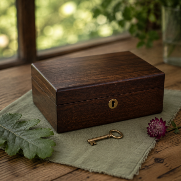 Locked wooden box with a key, representing secure record keeping and data protection