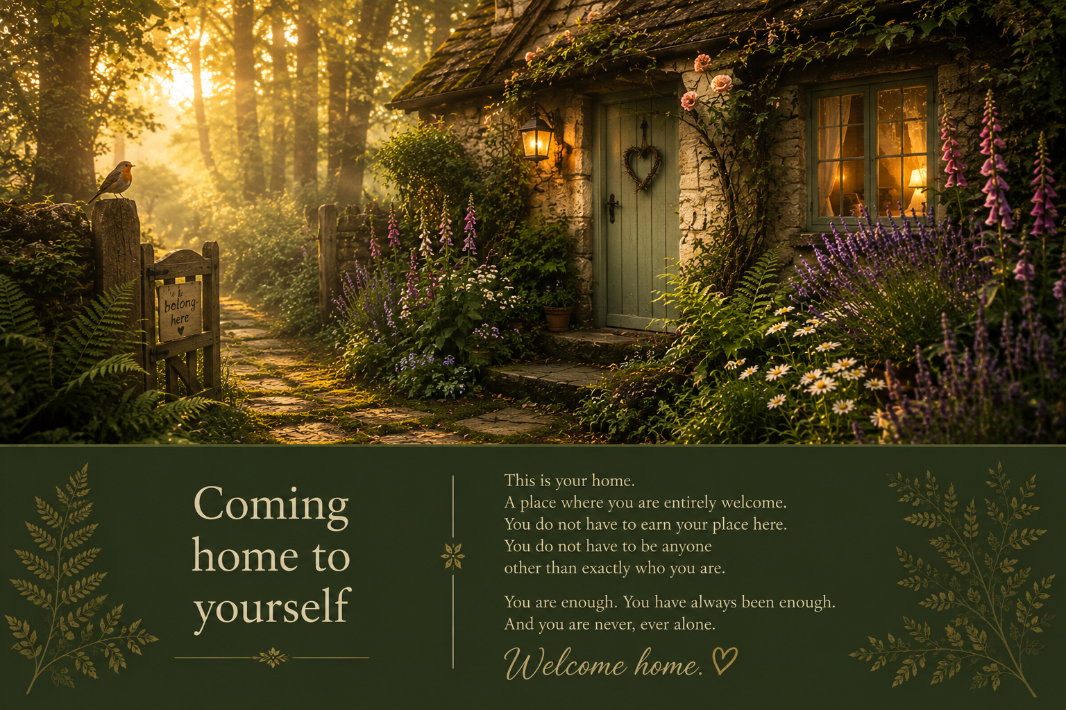 A warmly lit woodland cottage with an open garden gate, representing belonging and coming home to yourself.
