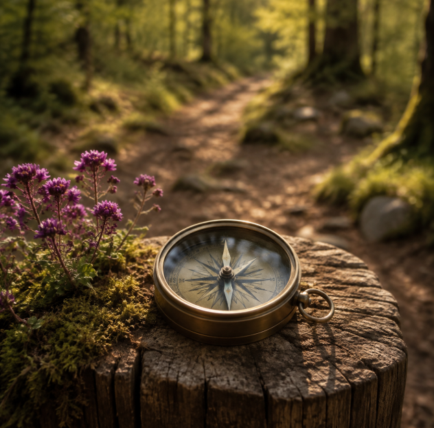 Compass beside a woodland path, representing ethical and accountable psychotherapy