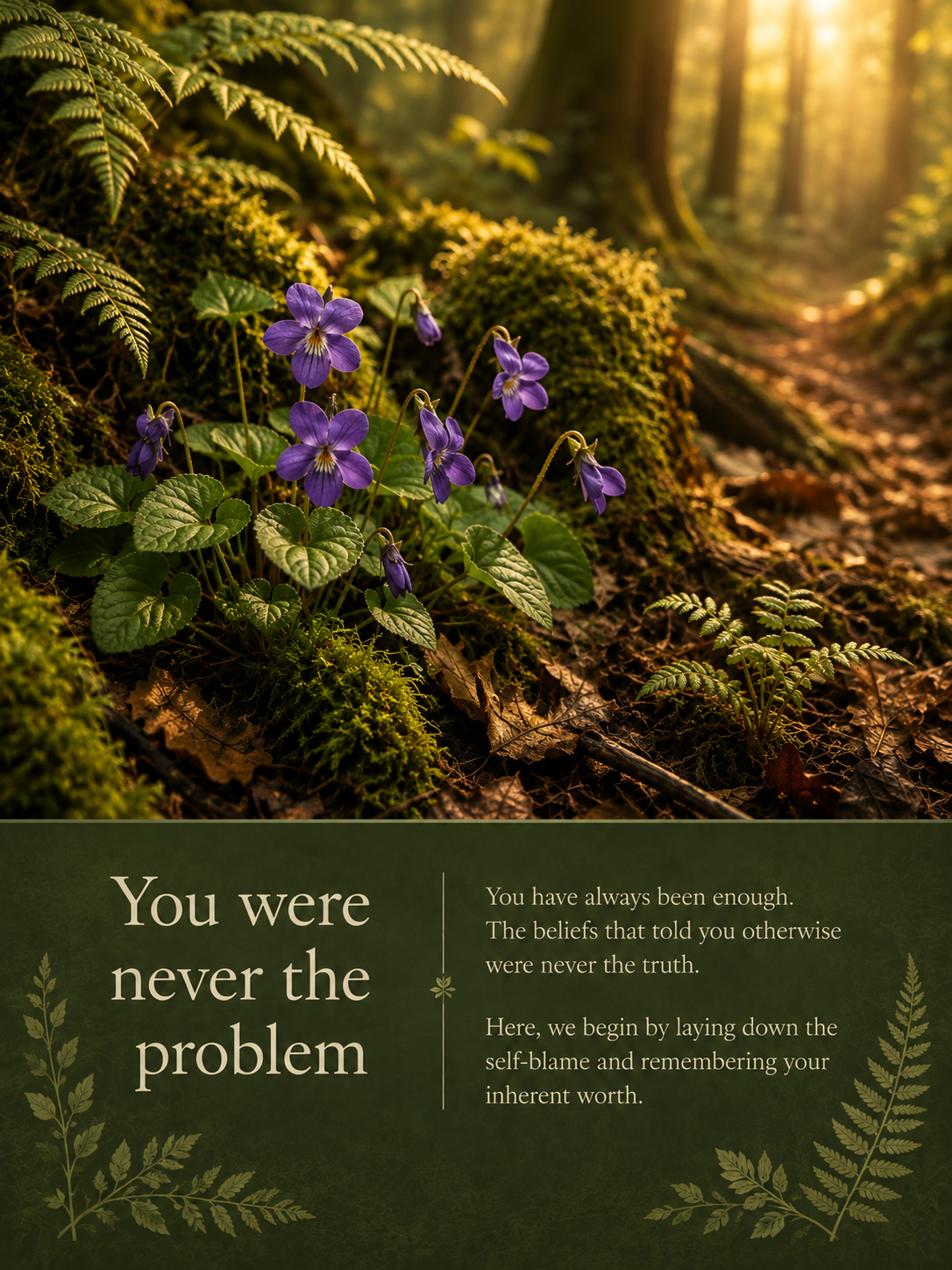 Woodland violets beside a sunlit path, illustrating the message that you were never the problem.