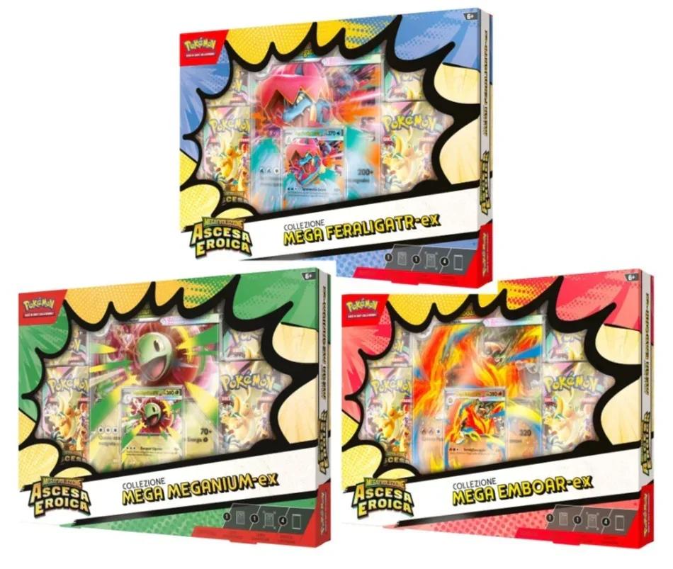 POKEMON Megaevoluzione Ascesa Eroica - Collezione Mega Emboar-EX, Mega Feraligatr-EX e Mega Meganium-EX - ITA
