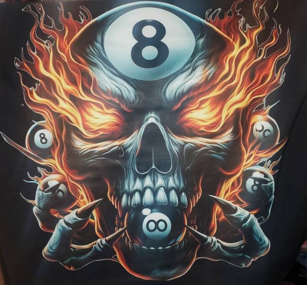 Flaming skull with 8 ball