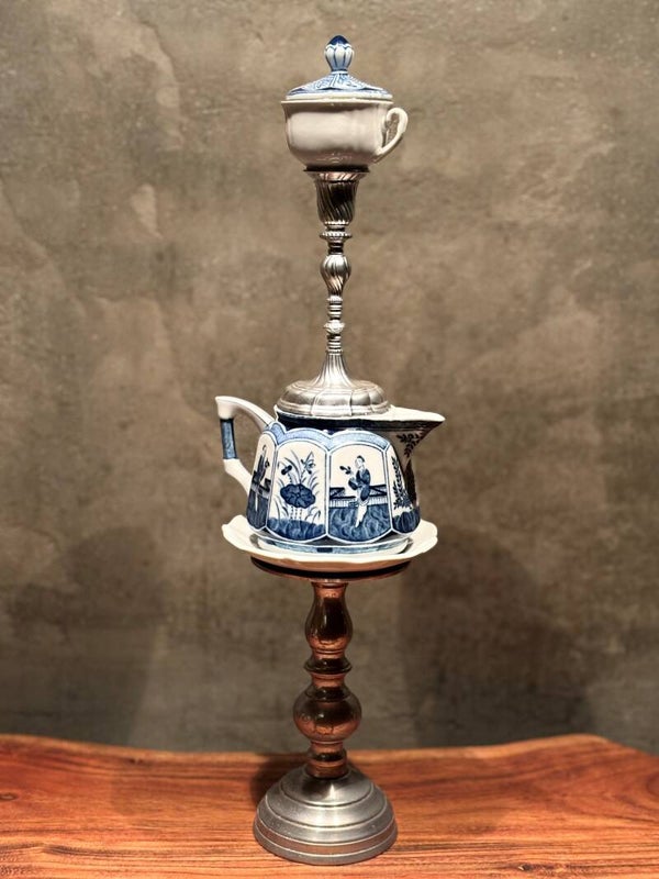 Kandelaar blauw/zilver (35 cm) (Verkocht)