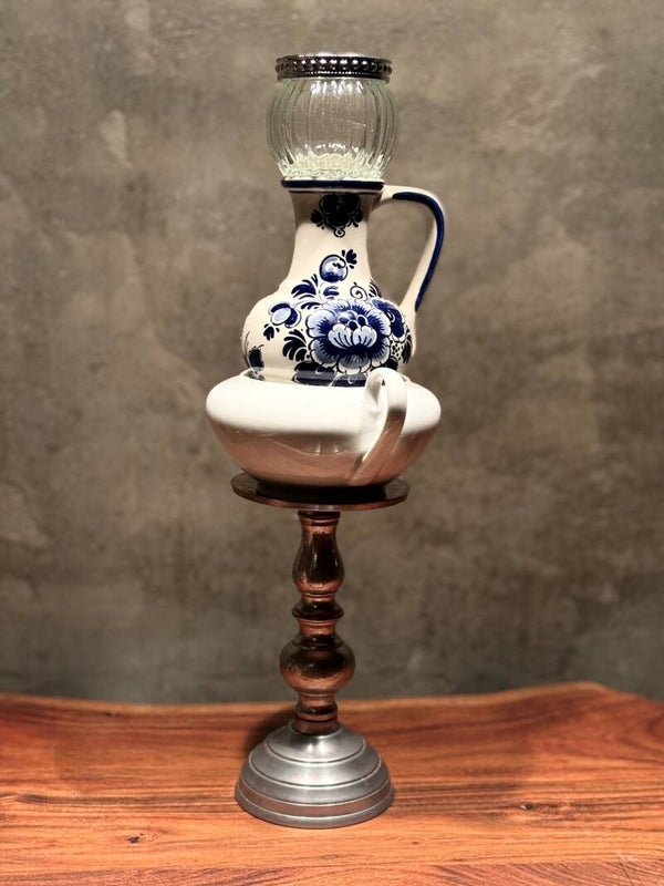 Kandelaar blauw/wit/glas (30 cm)
