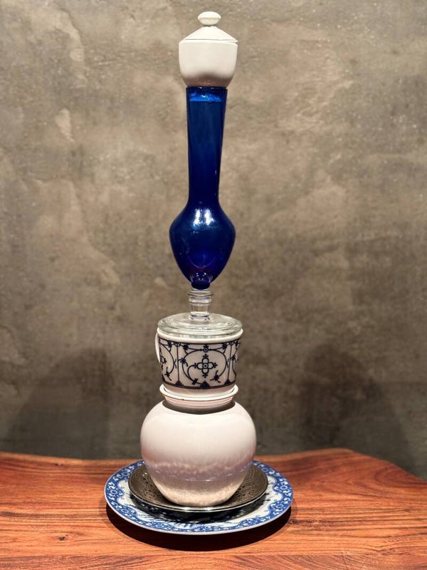 Kandelaar blauw/wit glas (35 cm)