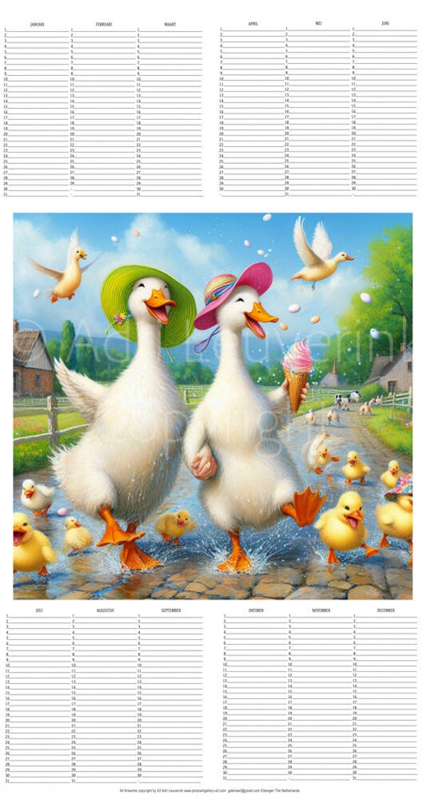 All in 1 Verjaardagskalender met kunst van A3 eenden/Ducks 2