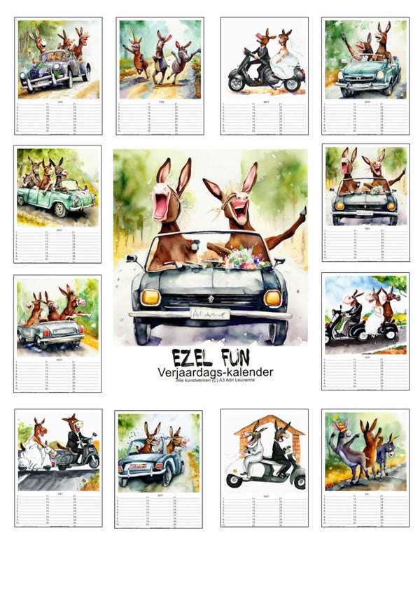 Verjaardagskalenders in A4 en A3 Ezels