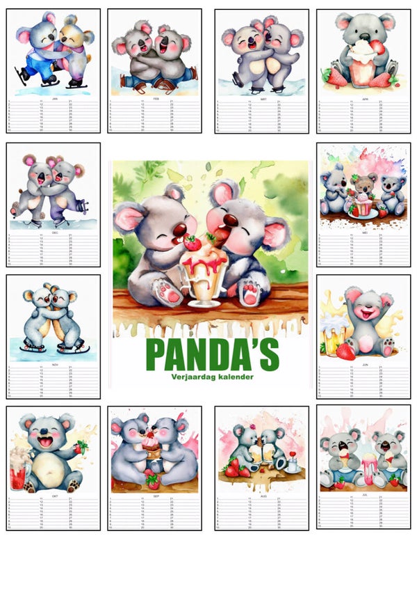 Verjaardagskalenders in A4 en A3 Panda's