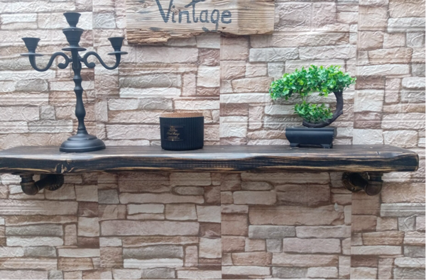 Aged retro wooden shelf 7 and 9inch with metal pipe brackets.