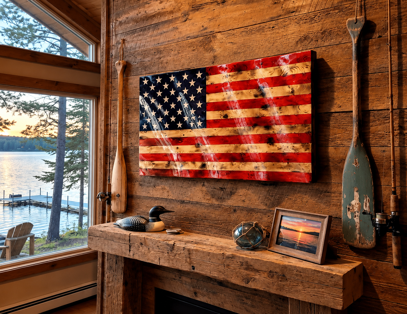 wavy wood american flag hanging on the lake house wall with a view of lake