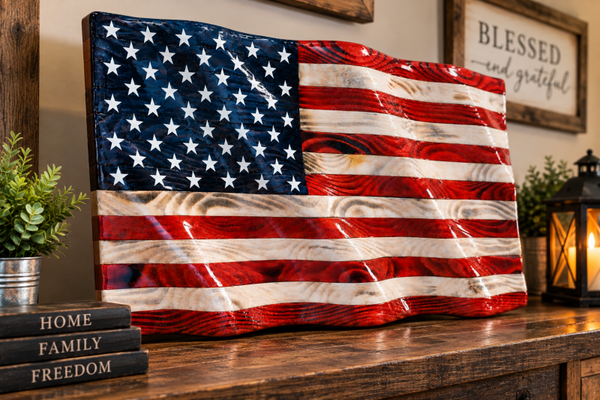 Wavy Wooden American Flag with White Stained Stripes & Epoxy Finish