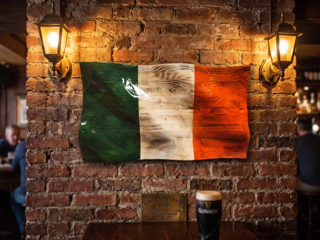wavy wood irish flag with epoxy finish hanging on wall
