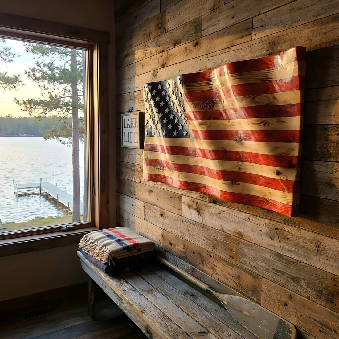 wavy wood american flag hanging on the lake house wall with a view of lake