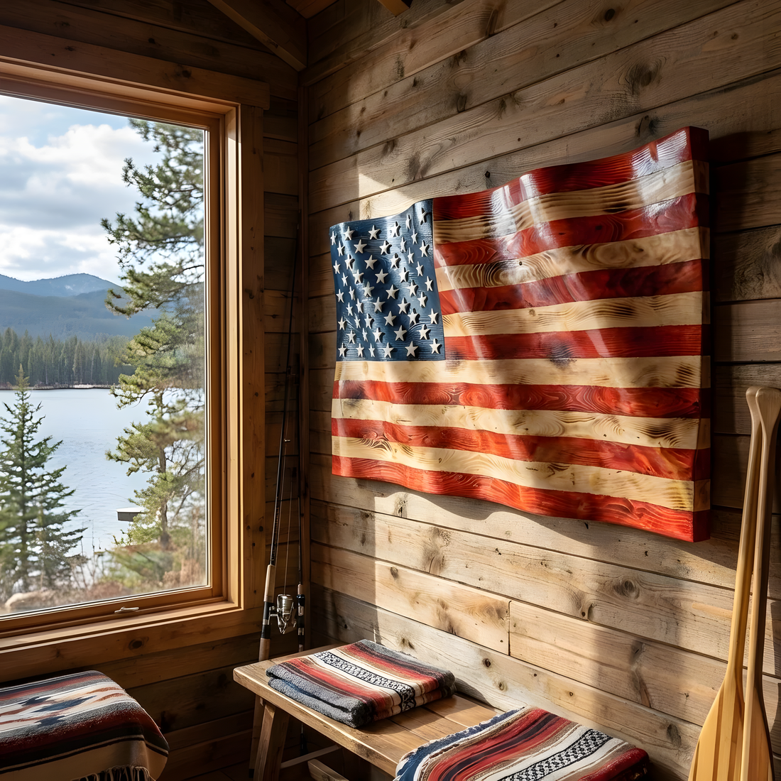handmade wavy wood american flag hanging on lake house wall with view of lake