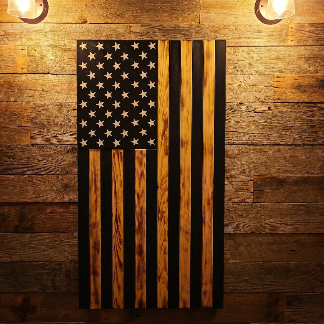vertical hanging wooden american flag with natural and black stripes