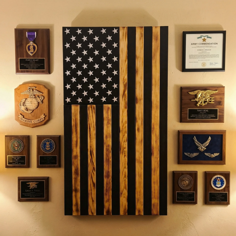 handcrafted vertical wooden american flag with black and natural stripe design