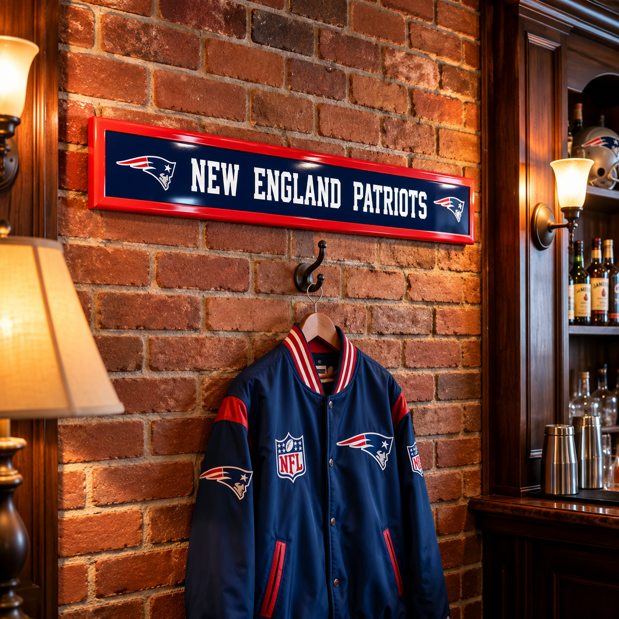 new england patriots wood sign hanging on brick wall with patriots jacket hanging below