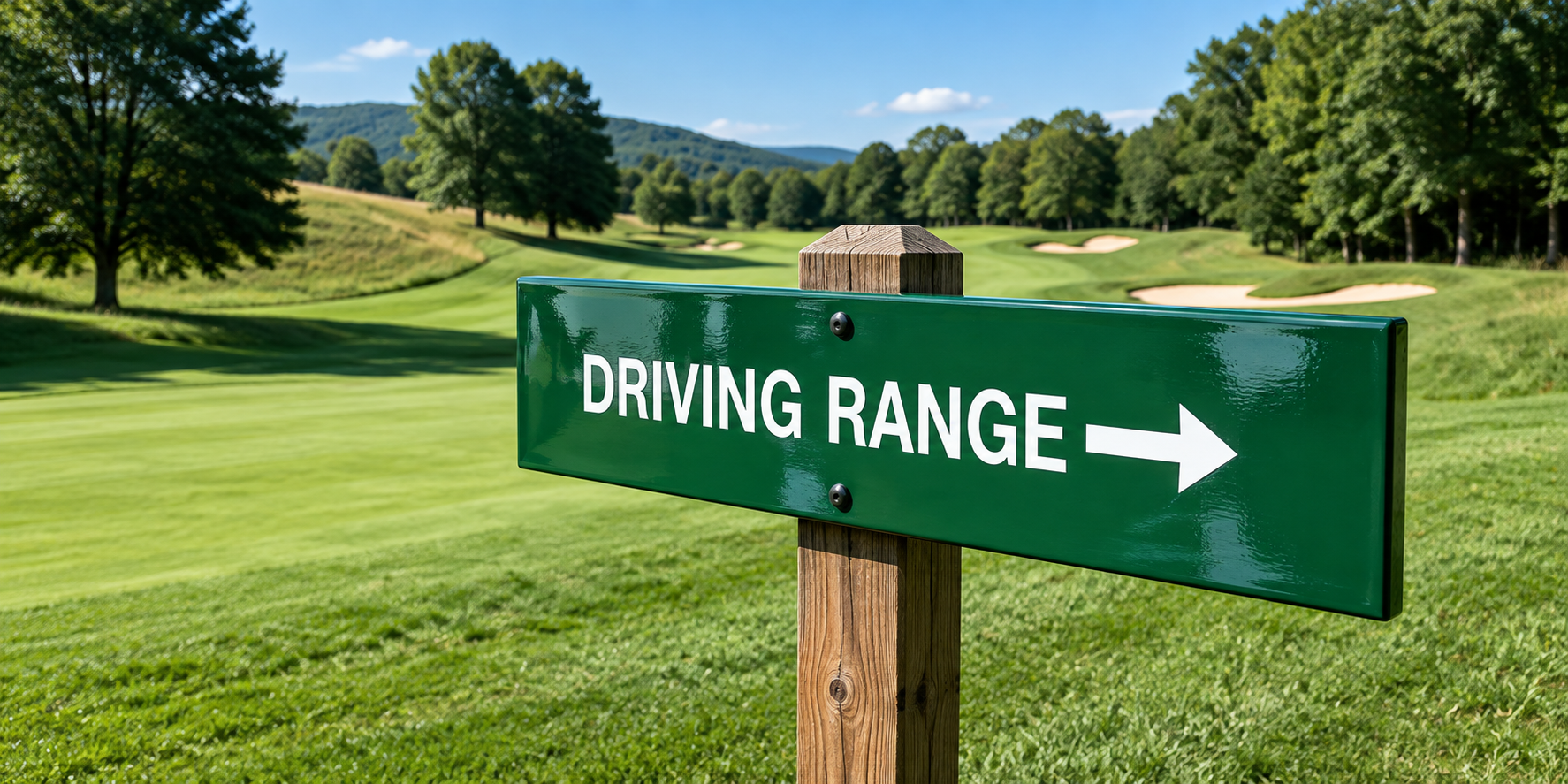 wooden sign that says pro shop with an arrow hanging on a pole on a golf course tee box