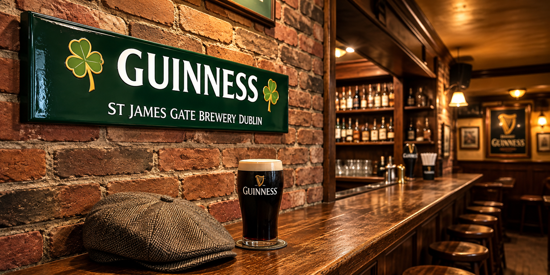 guinness wood sign hangin on brick wall of pub with a scally cap and pint of guinness below on table