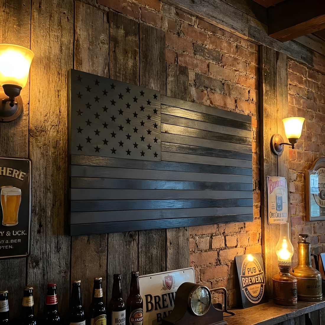 wooden blacked out american flag hanging on pub wall