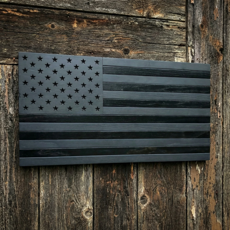  flat wooden american flag handcrafted in an all‑black modern design