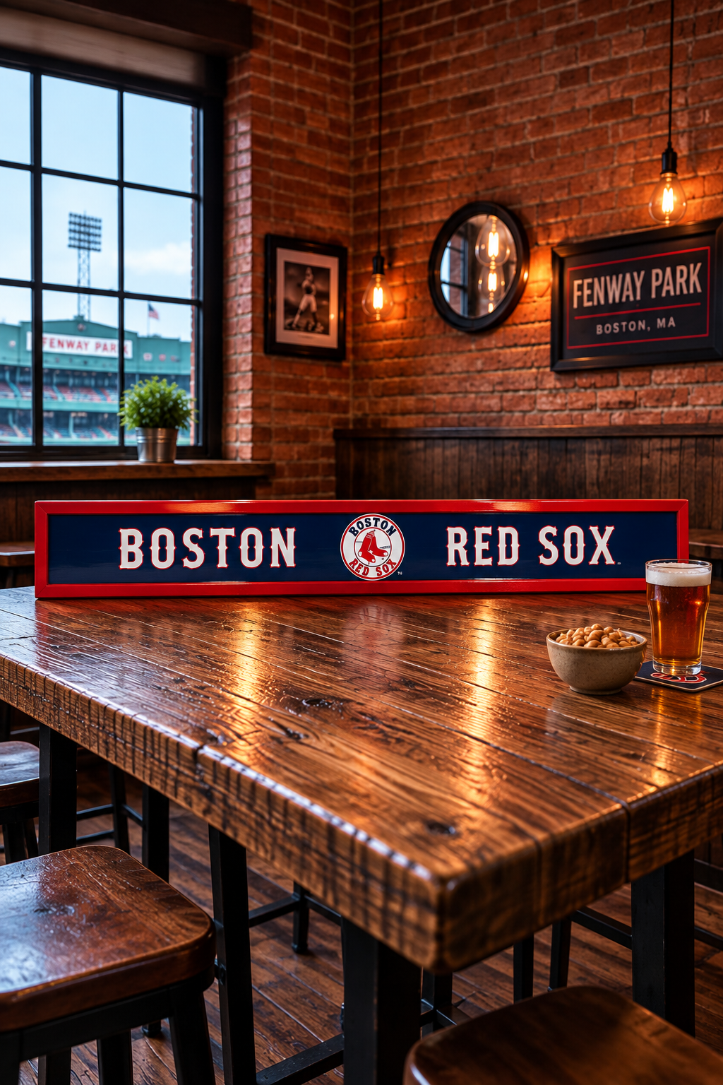 handcrafted wooden boston red sox sign with engraved lettering and classic red and navy finish