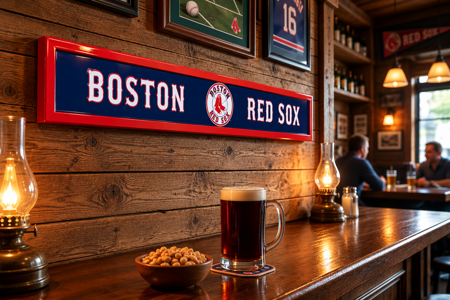 boston red sox wood sign sitting on a table with peanuts and beer