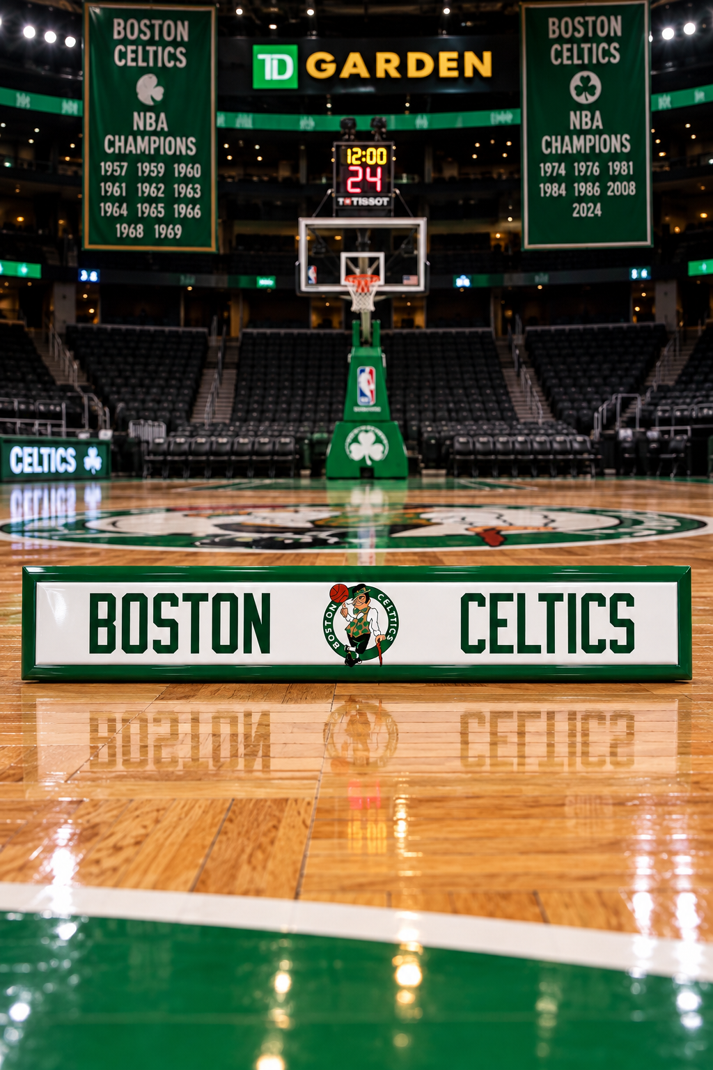handcrafted wooden boston celtics sign with engraved shamrock and green stained finish
