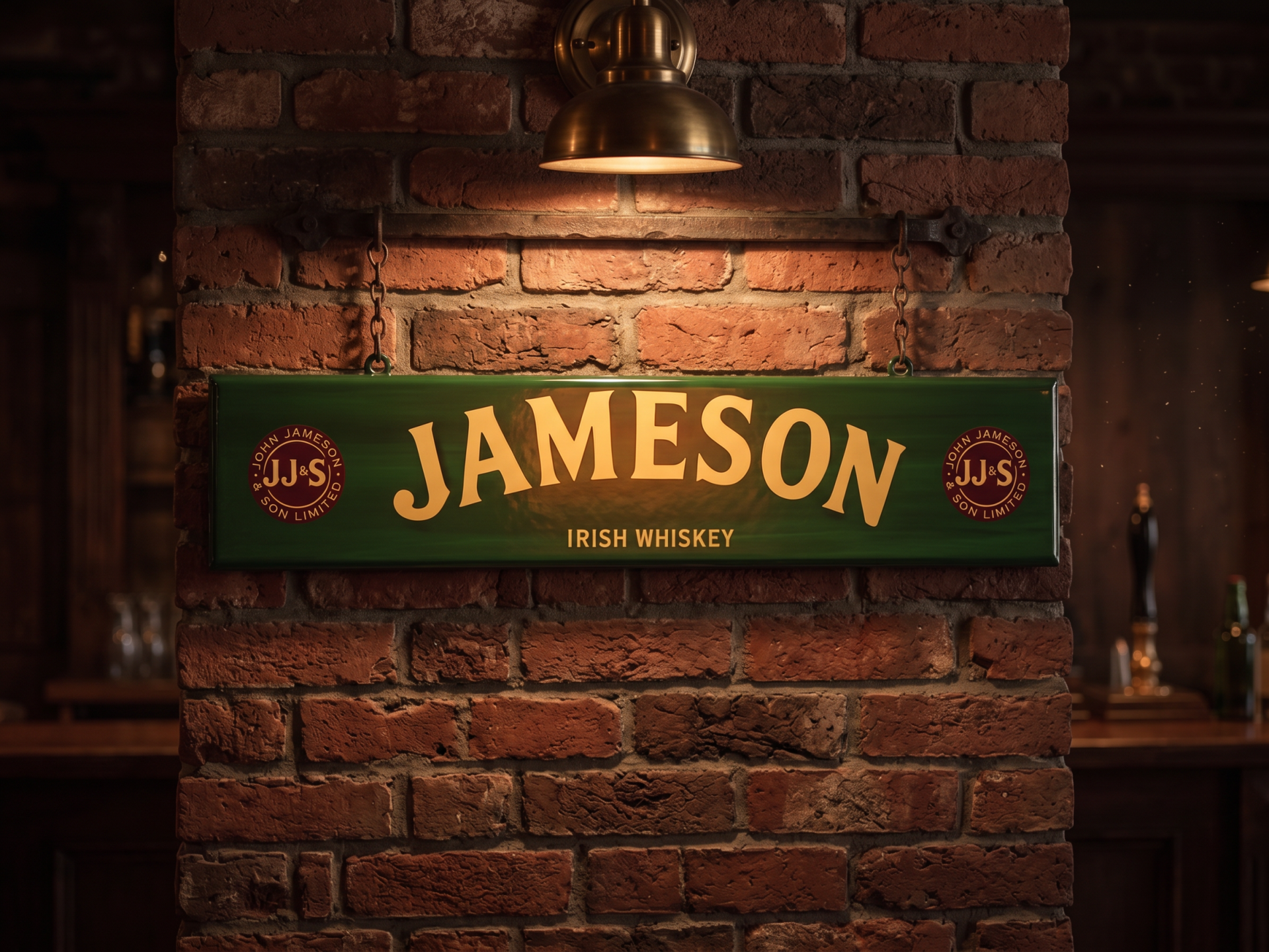 guinness wood sign hangin on brick wall of pub with a scally cap and pint of guinness below on table