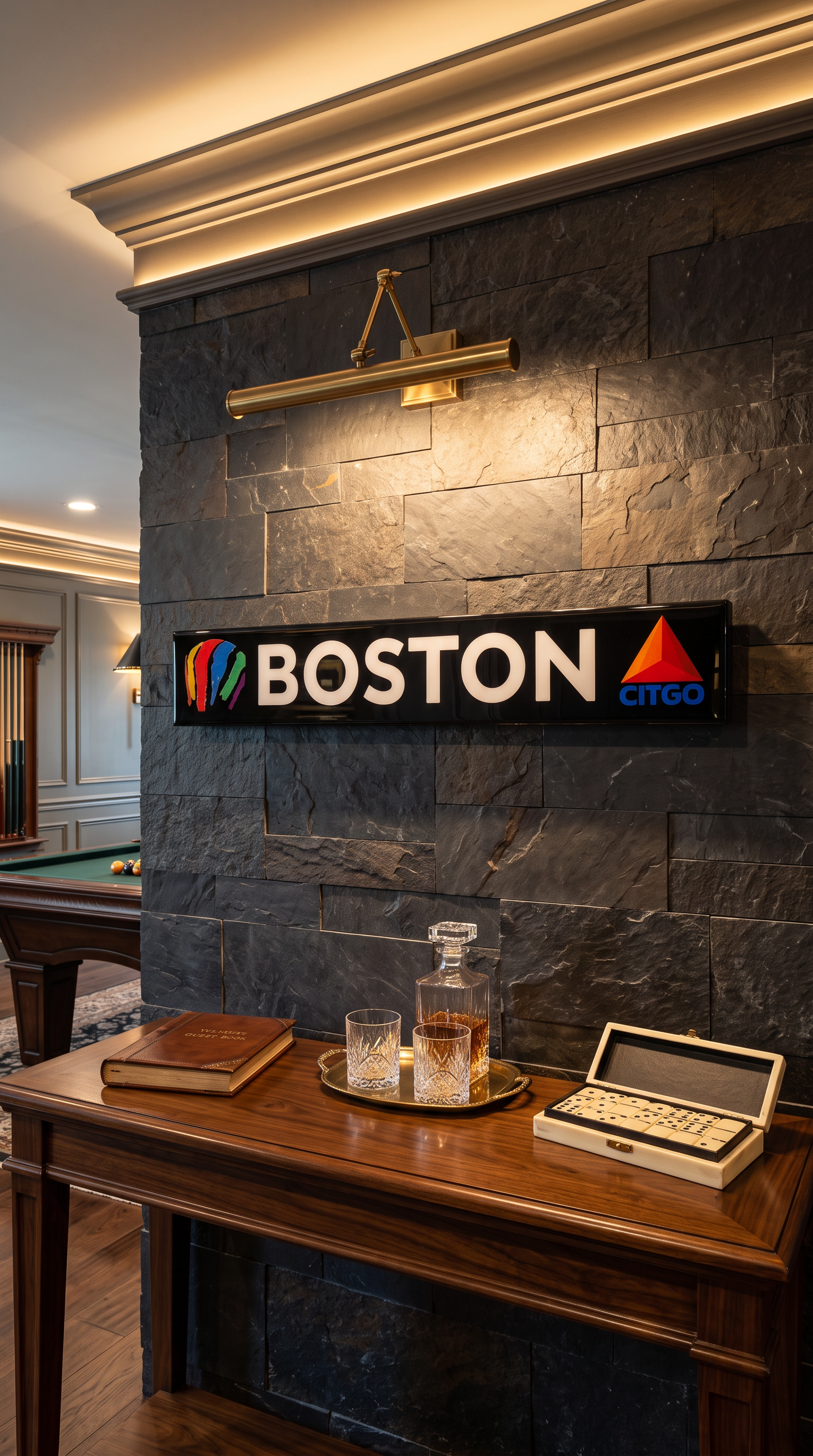 boston celtics wood sign hangin on pub wall dimly lit
